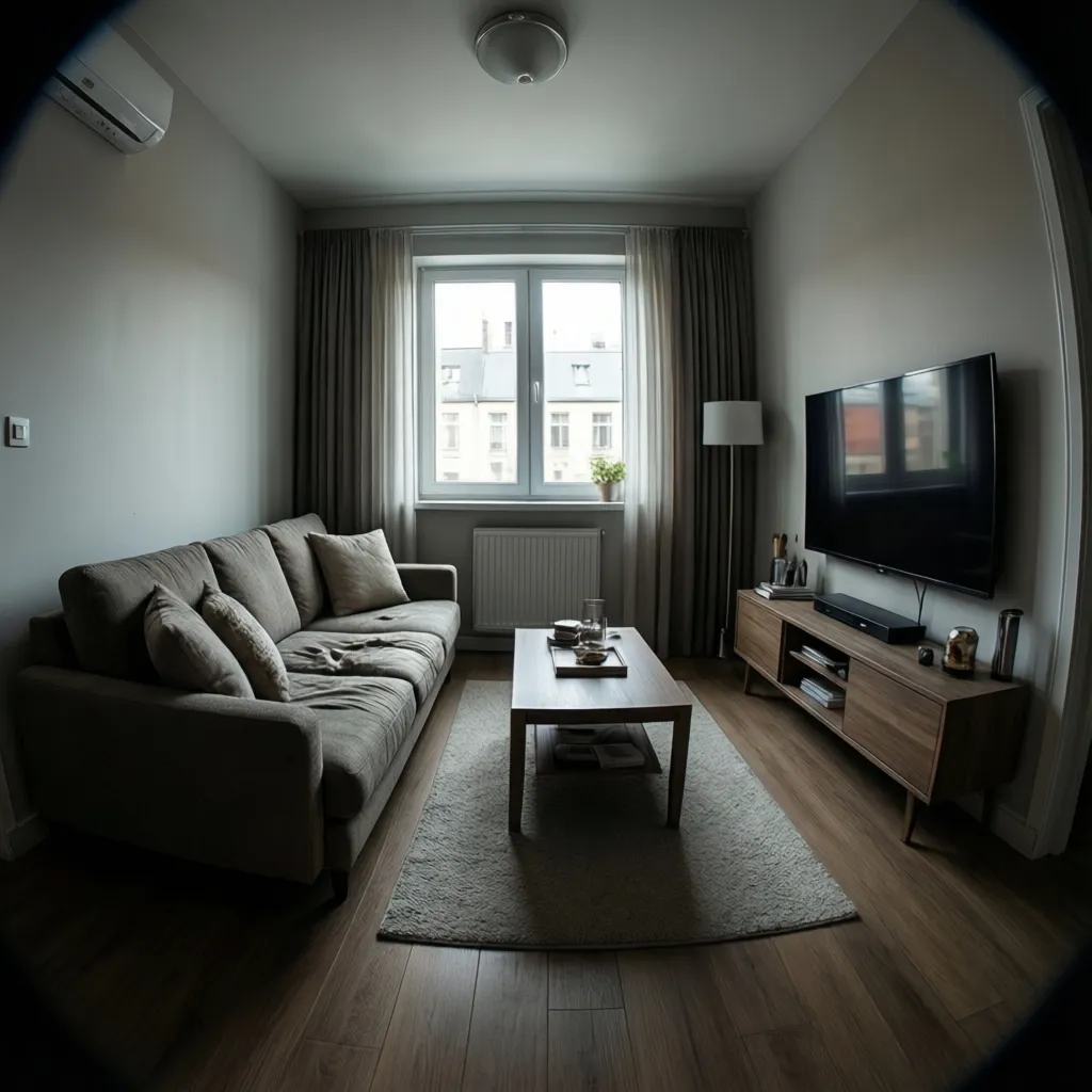 small living room sofa facing television with short viewing distance