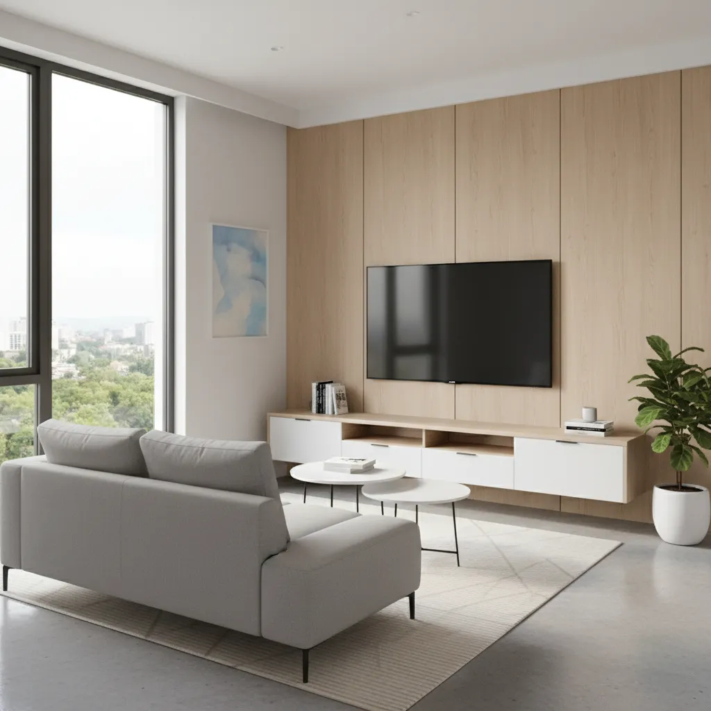 Small living room with floating TV cabinet and minimalist wall panel