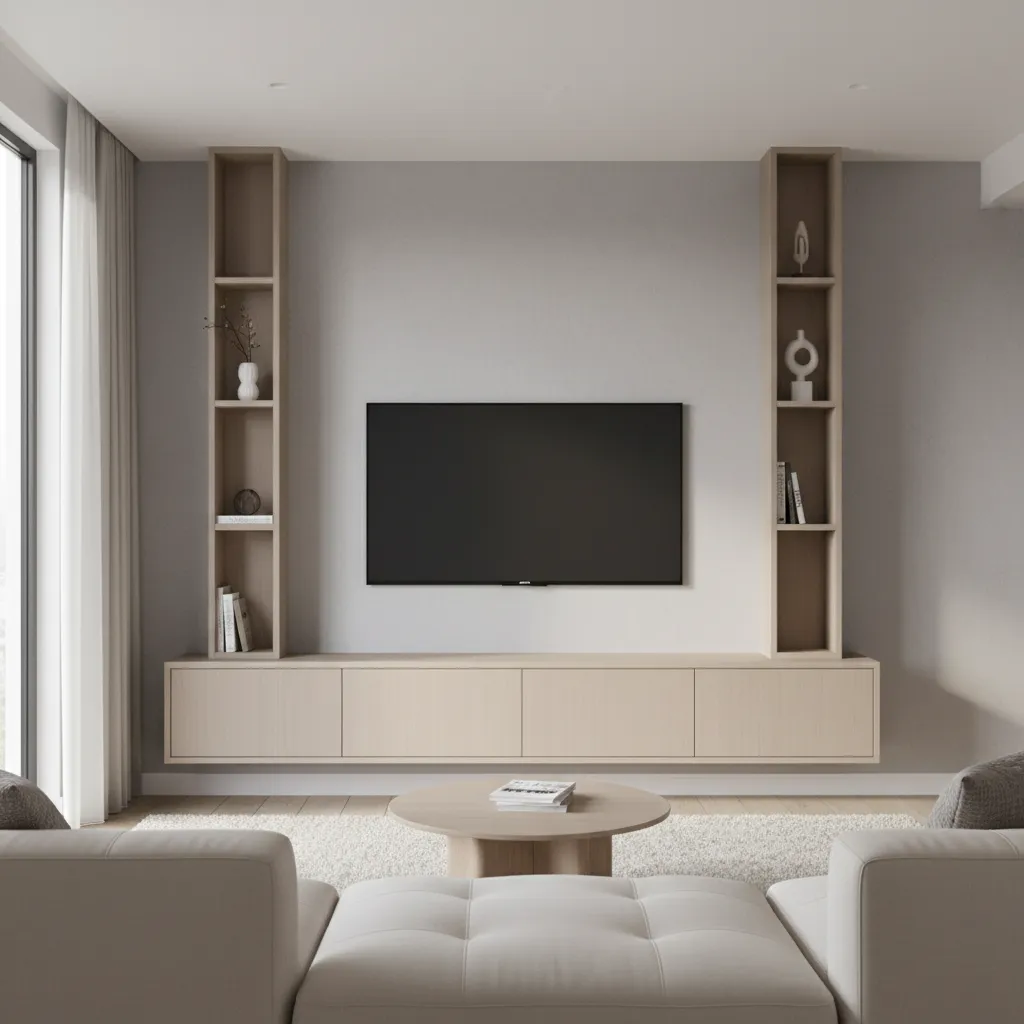 Modern living room with wall mounted television wood floating cabinet matching bookshelves and white sofa