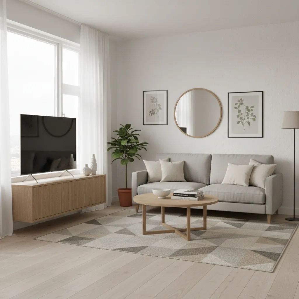 small living room with wall mounted TV and floating console saving space