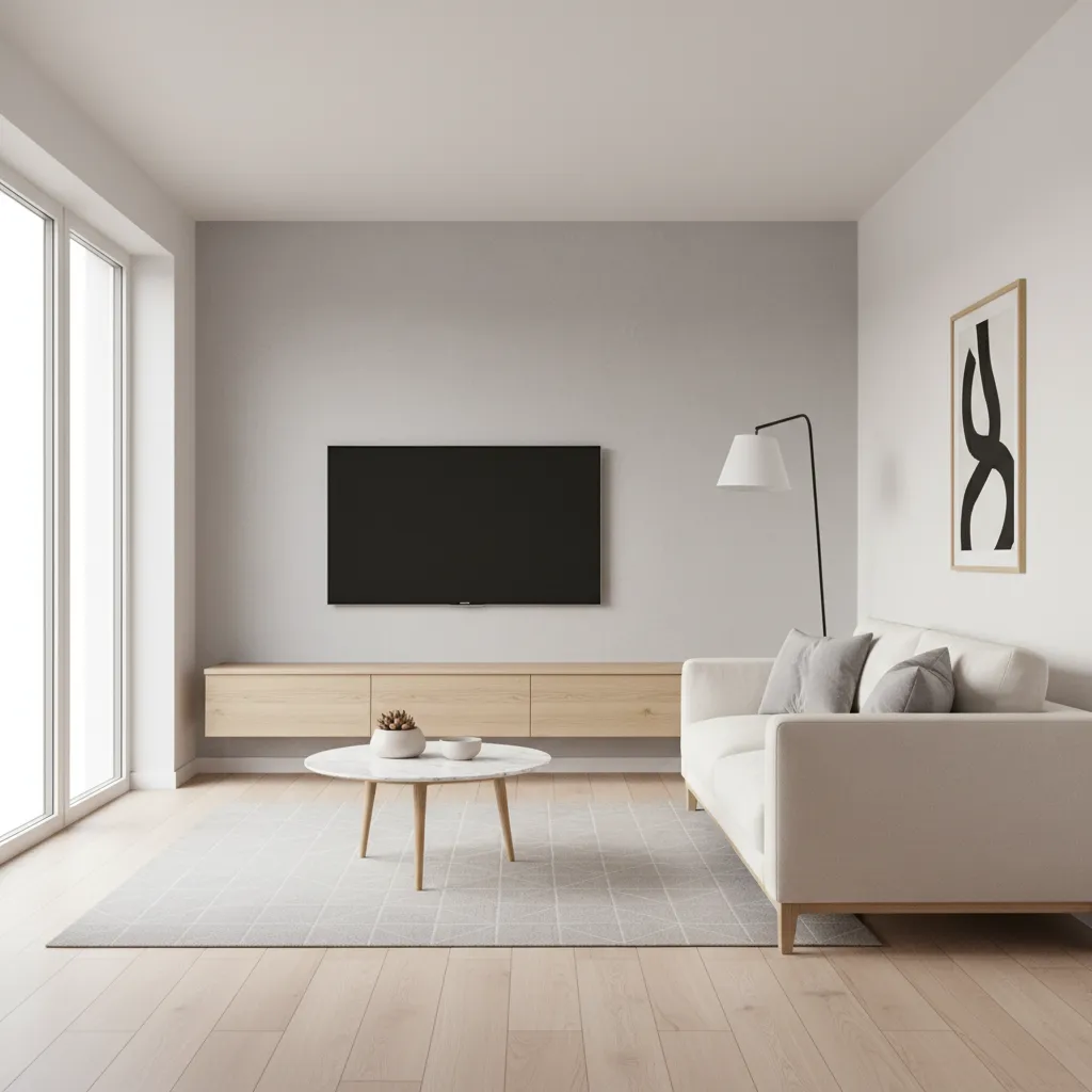 compact living room with wall mounted TV and floating console