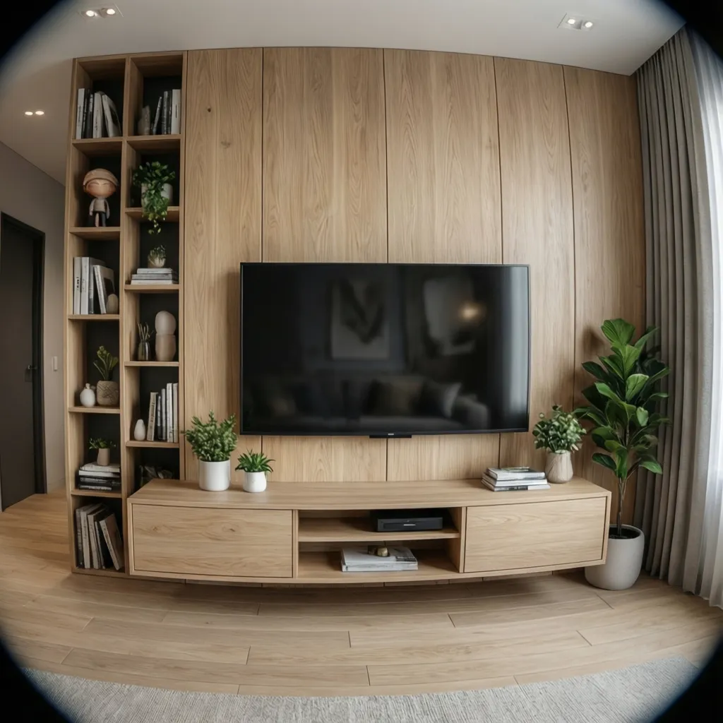 Compact TV wall layout with vertical shelves and floating cabinet