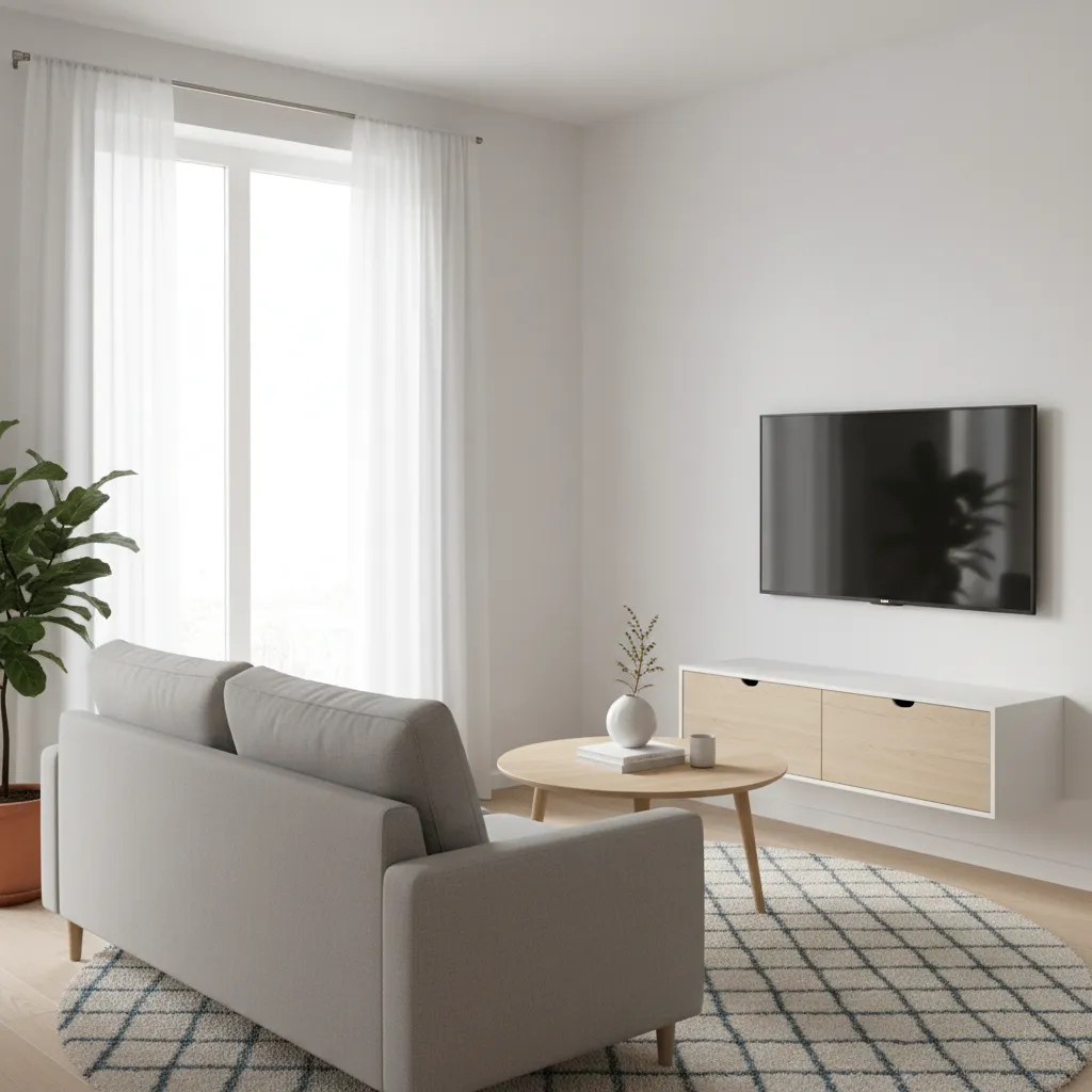 compact apartment living room with optimized TV wall layout and sofa placement
