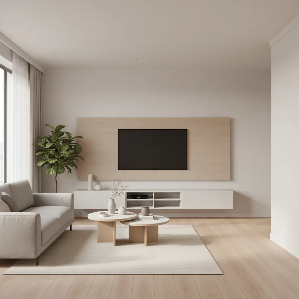 Minimal small living room with wall mounted TV and open floor space