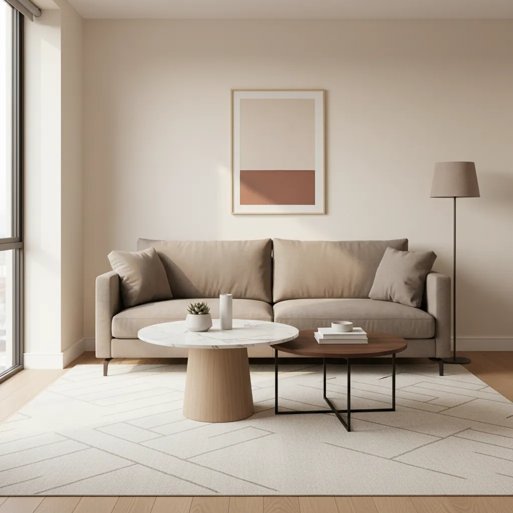 Modern living room featuring beige sofa two round coffee tables patterned rug and floor lamp