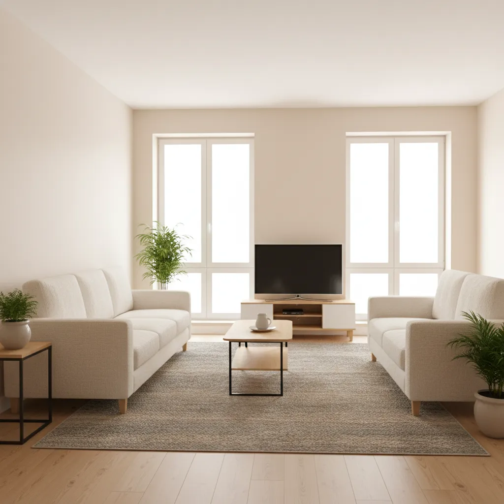 Compact living room showing sofa and loveseat layout