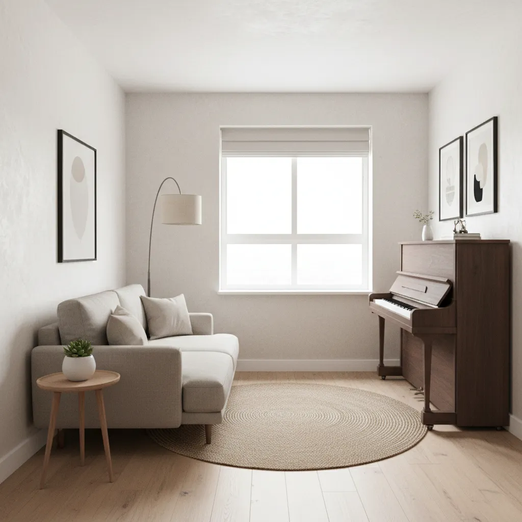 Compact living room with upright piano along the wall