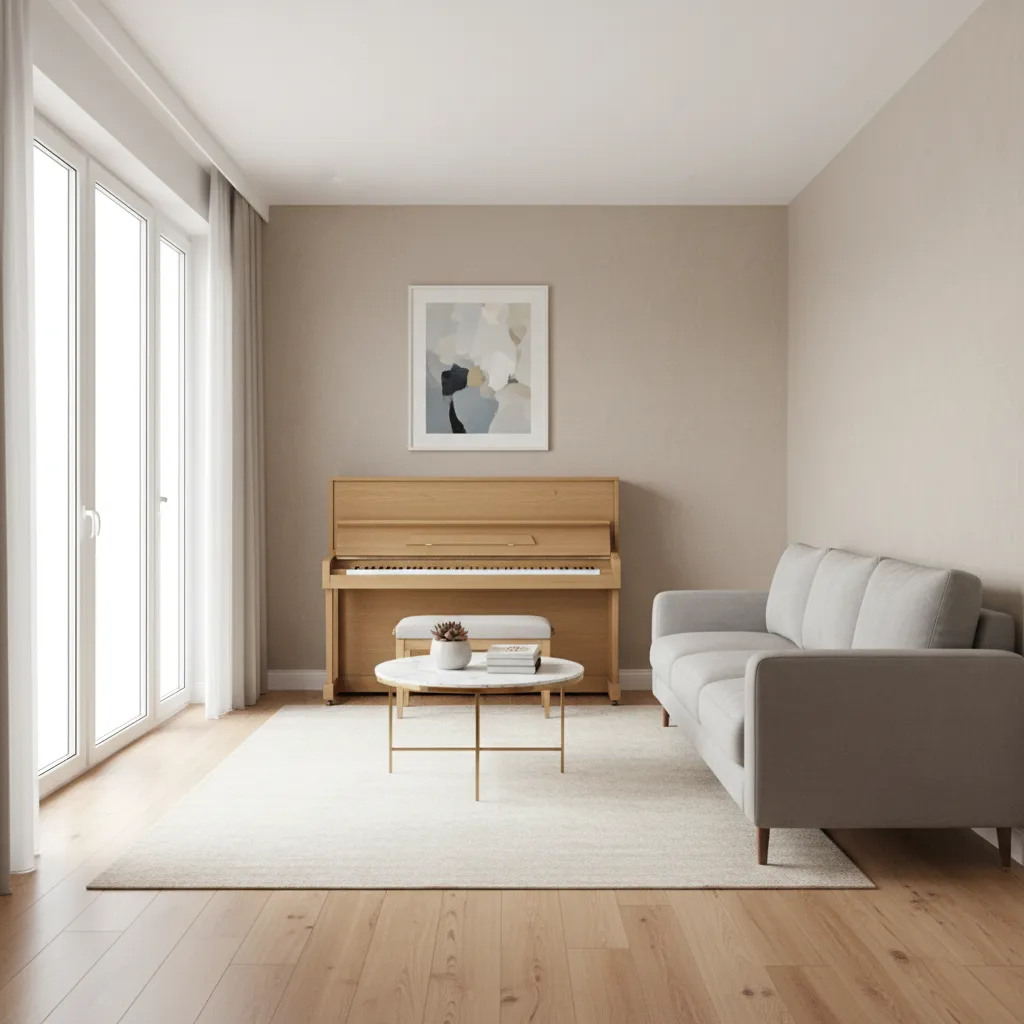 Small living room with upright piano placed along wall layout