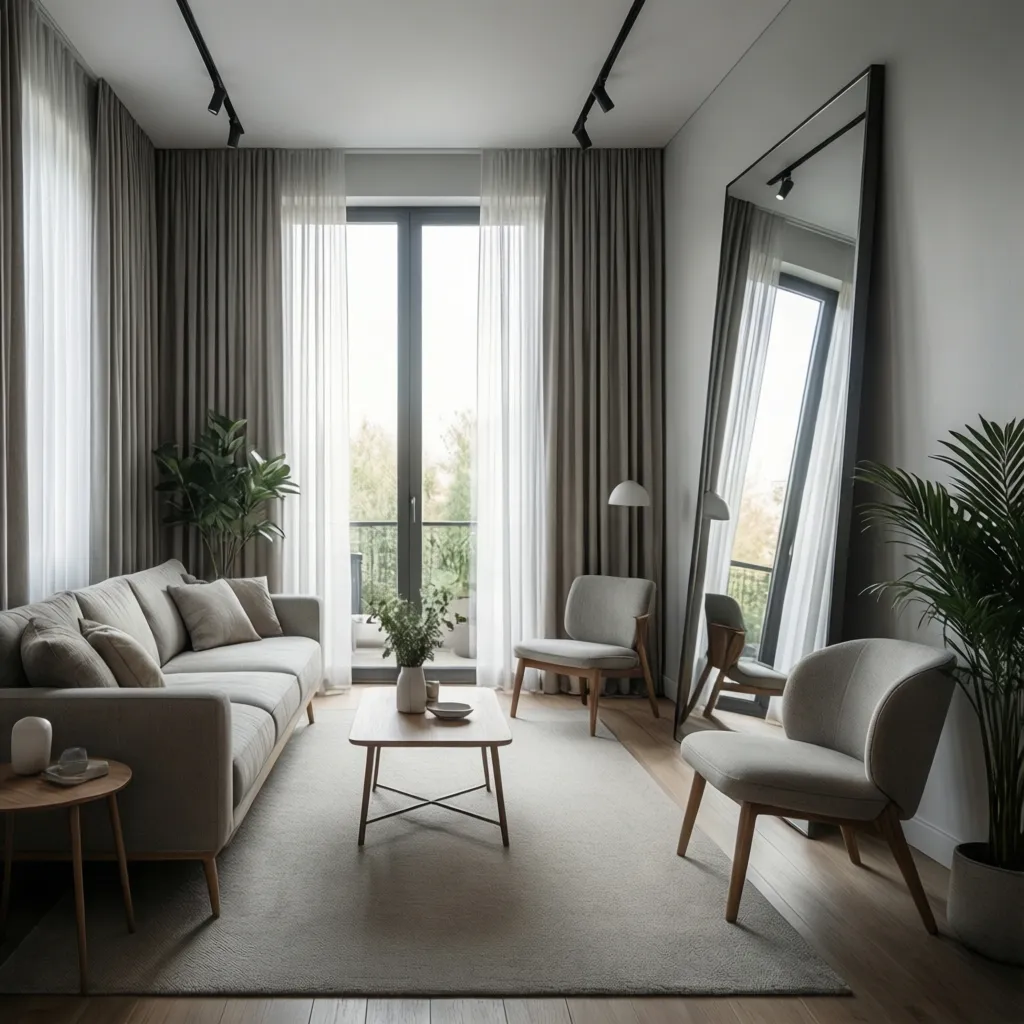 Small living room with tall curtains mirror and vertical design elements