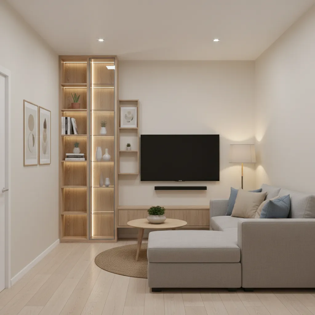 Small Indian living room with vertical wall showcase shelves