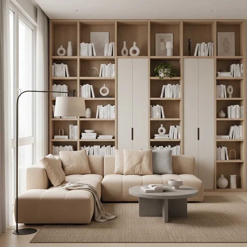 Small living room with floor to ceiling shelves for vertical storage