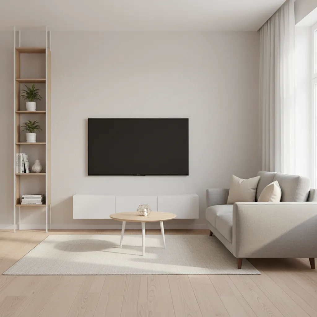 small living room with vertical shelving and wall mounted TV to save space