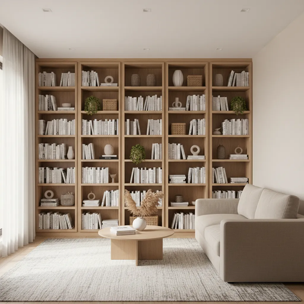Small living room with vertical wall shelves and compact seating