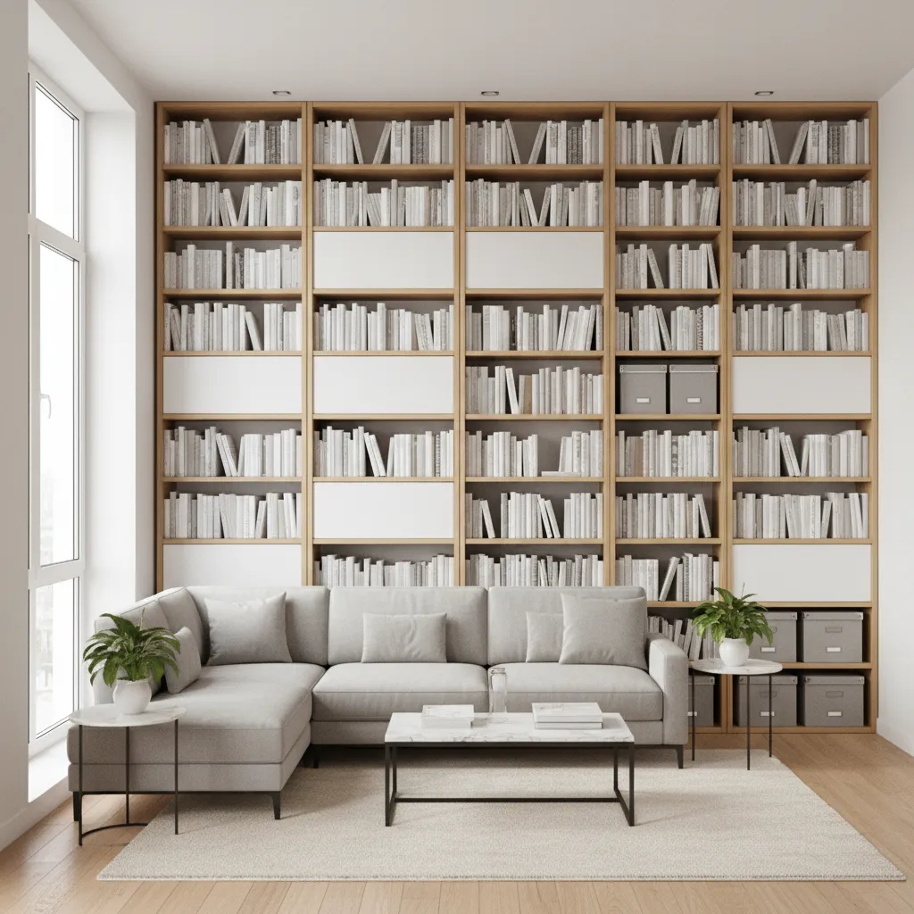 15x15 living room with tall vertical shelving maximizing wall storage