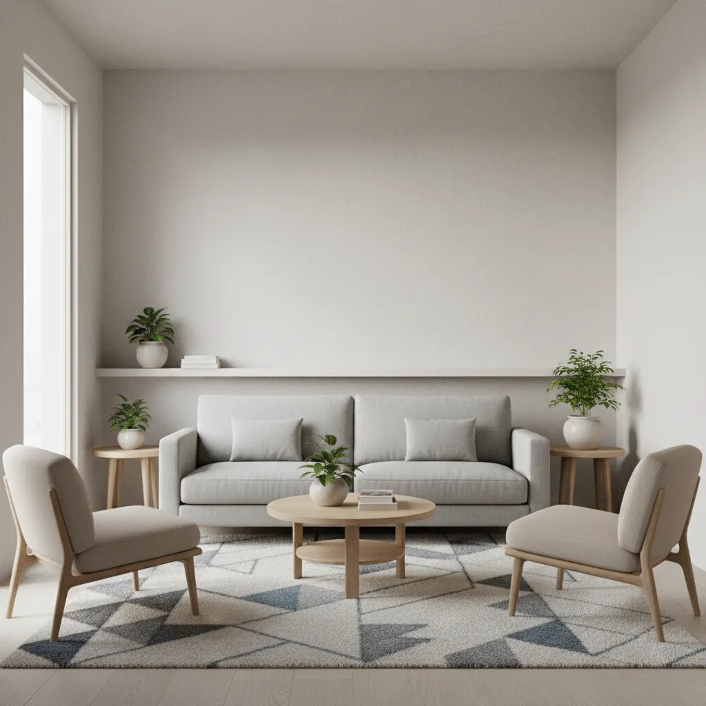 balanced small living room layout with sofa and two accent chairs