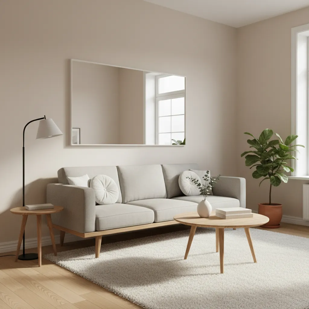 Small apartment living room with mirror and light colors making the space look bigger