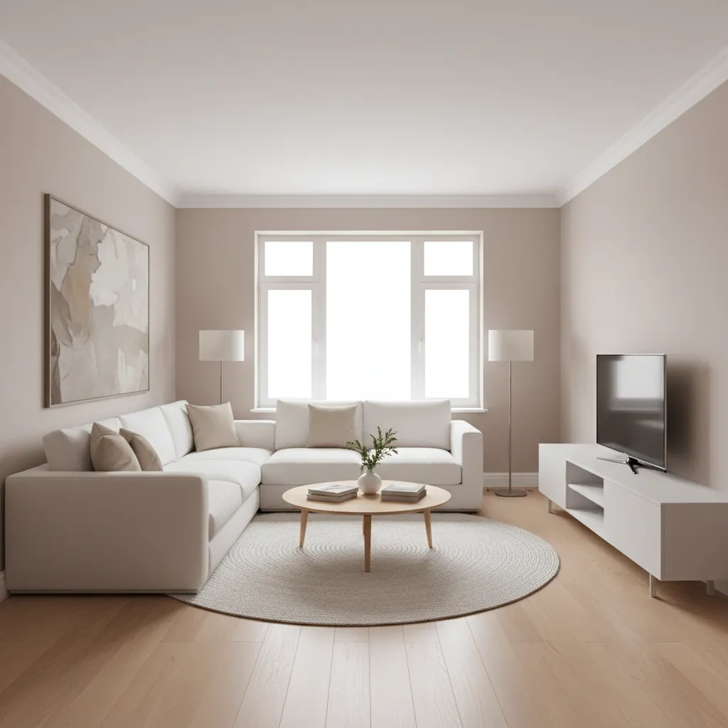 Small living room showing vertical color gradient with light ceiling and neutral walls