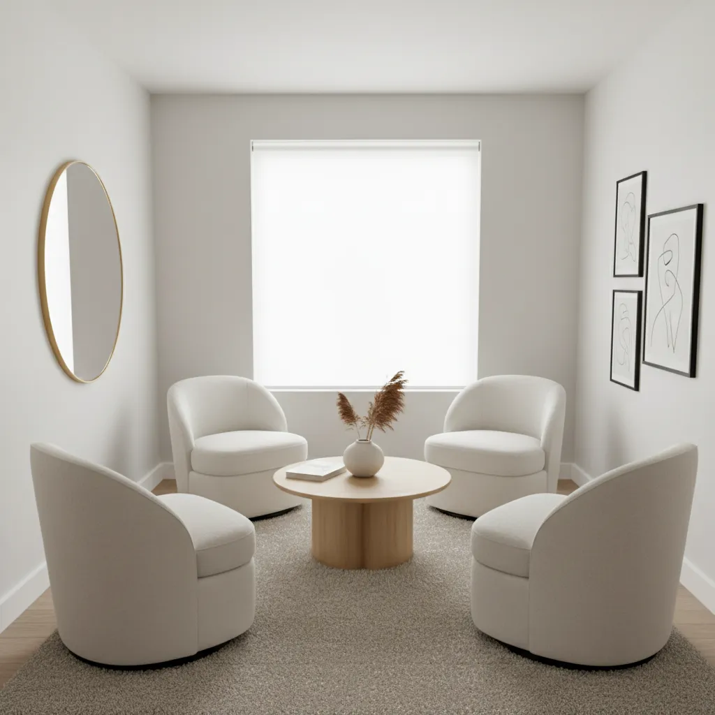 Small white room with four swivel chairs around wooden coffee table plus mirror and art