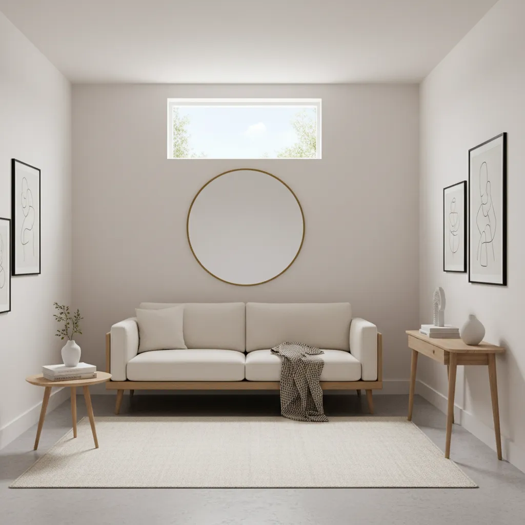Small living room using mirrors, light colors, and raised-leg sofa to appear larger