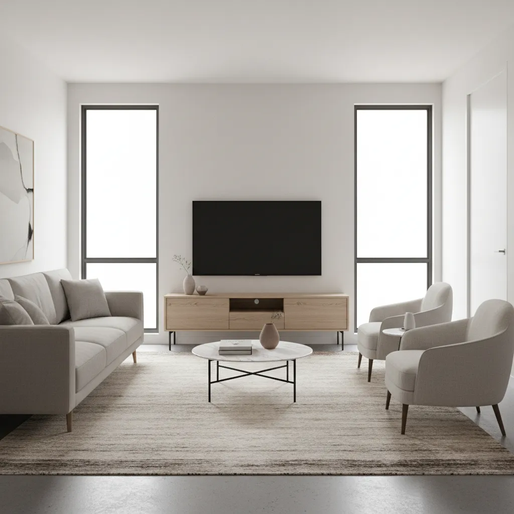 small apartment living room using large rug and wall mounted tv to create spacious feel