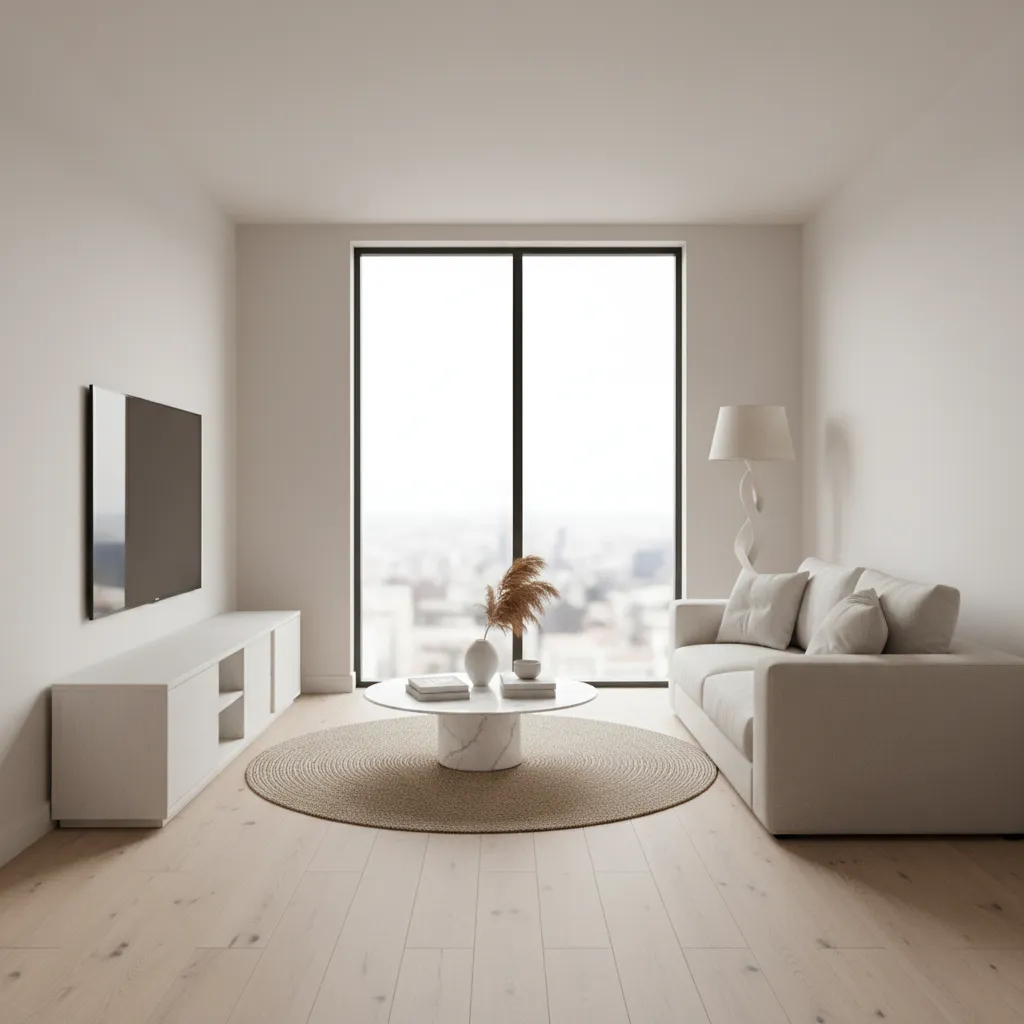 Small apartment living room using light colors and low profile furniture