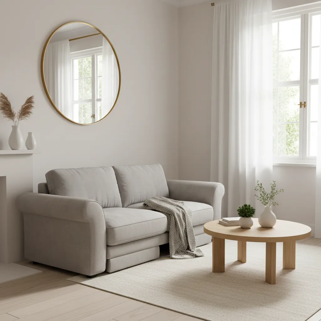 Small living room with reclining sofa using mirrors and light colors to appear larger