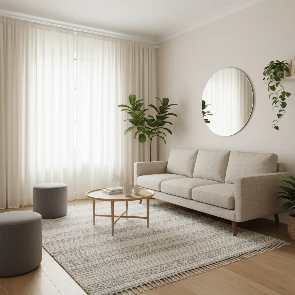 small living room using mirror and tall curtains to look larger