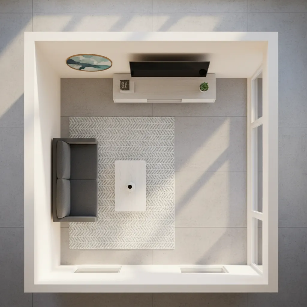 Small living room layout diagram showing clear walking path and furniture placement