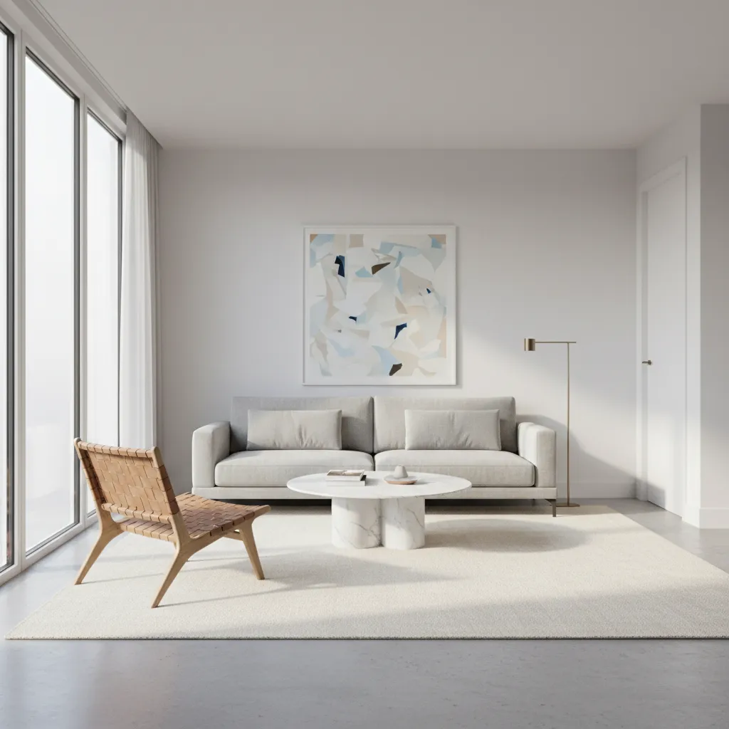 living room showing clear walkway spacing between sofa and furniture