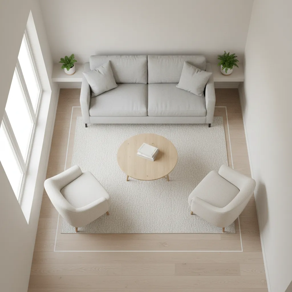 Small living room layout showing proper walking space between sofa and chairs