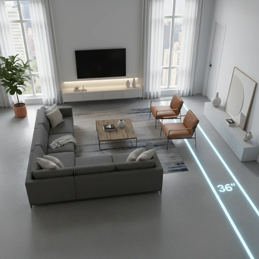 Small living room layout showing clear walking path between sofa and TV
