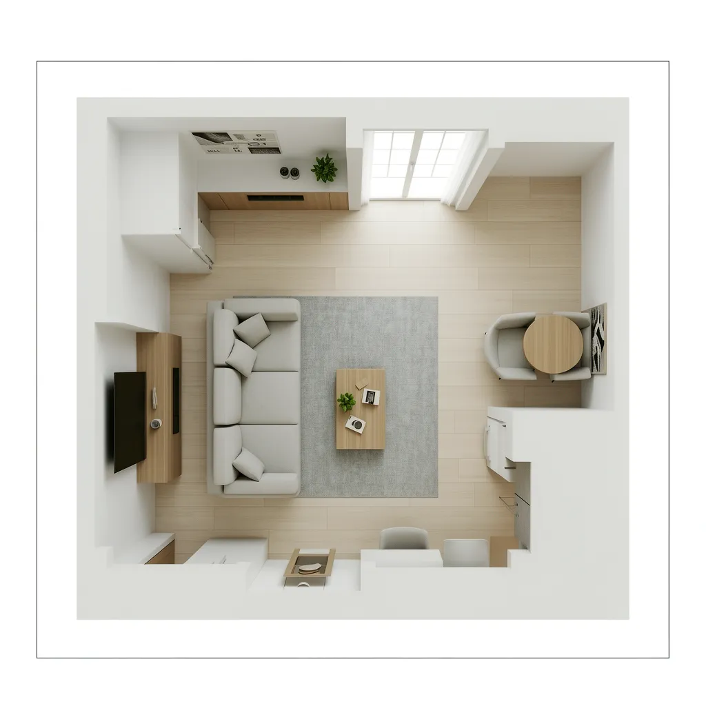 small living room layout showing clear circulation paths around seating