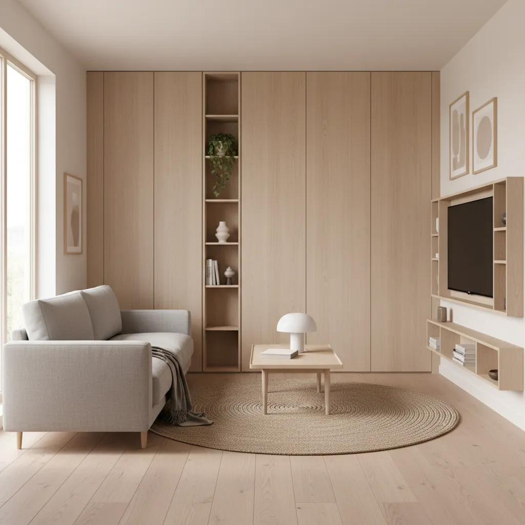 Compact living room with space saving wall cabinet design