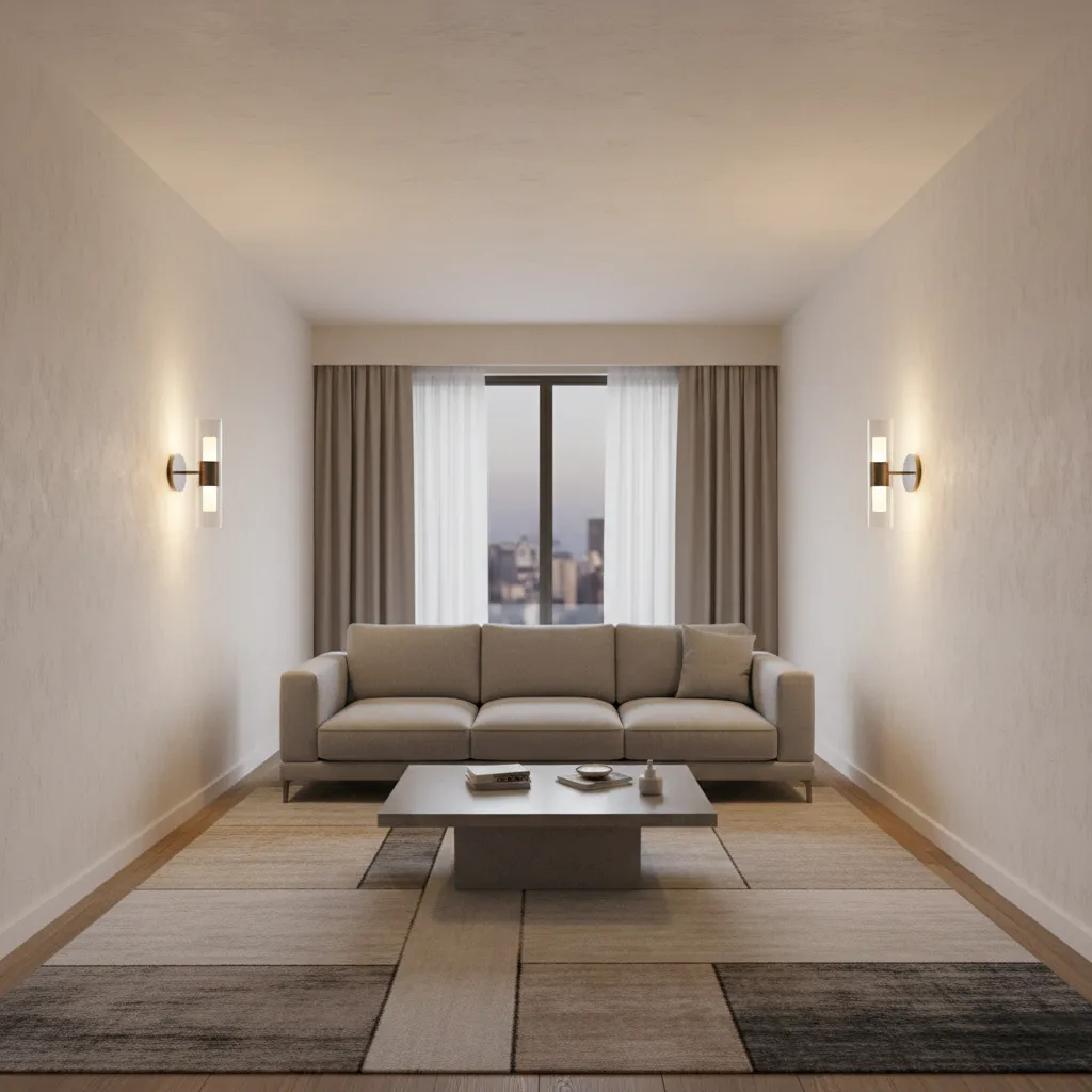 Small living room with candle sconces casting light across the walls