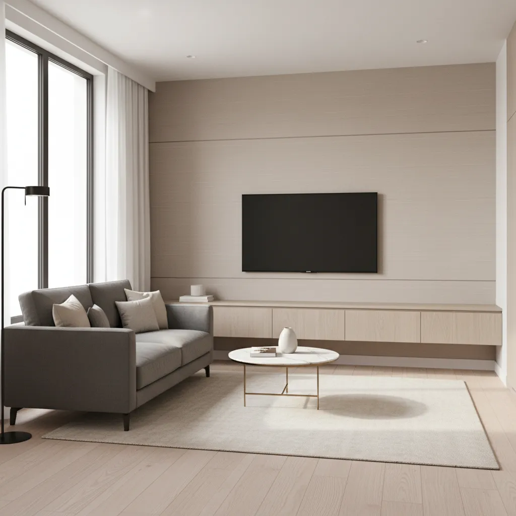 Small apartment living room with wall mounted television and compact seating