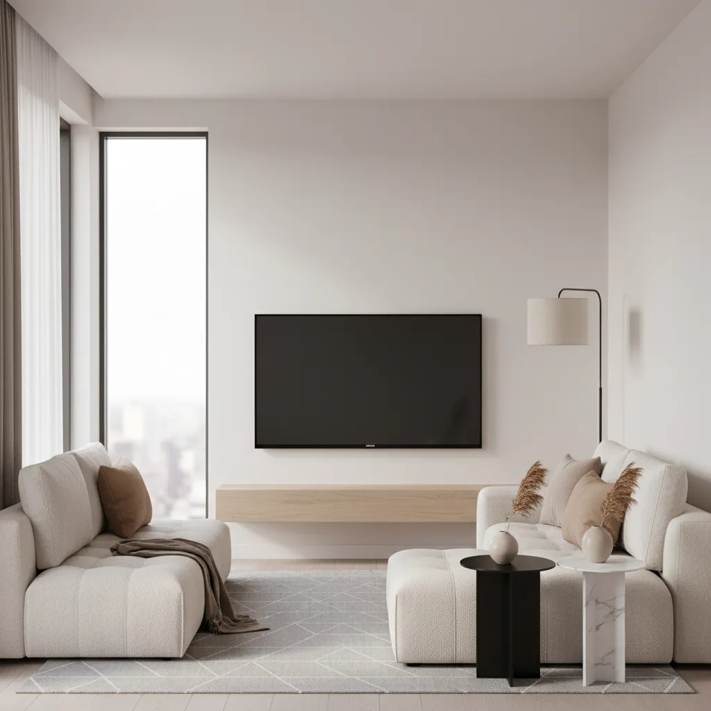 Compact living room with wall mounted TV above a console