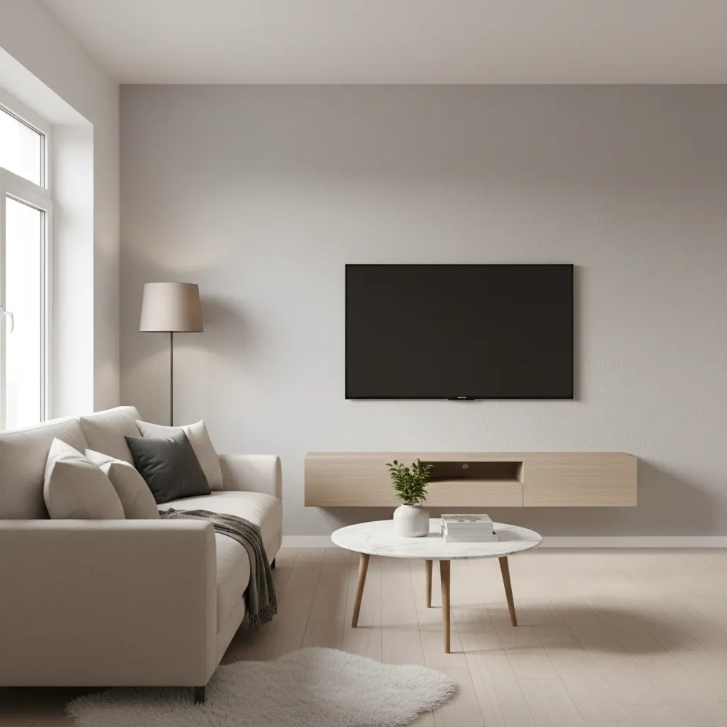 Compact living room with wall mounted TV and floating cabinet