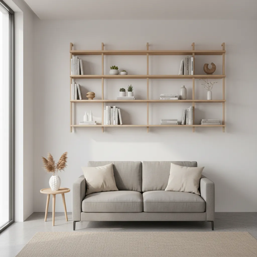 Small living room with floating wall shelves and minimal furniture