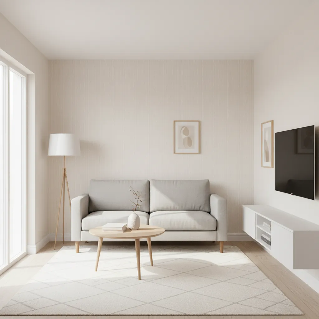 Small living room using subtle wallpaper to visually expand space