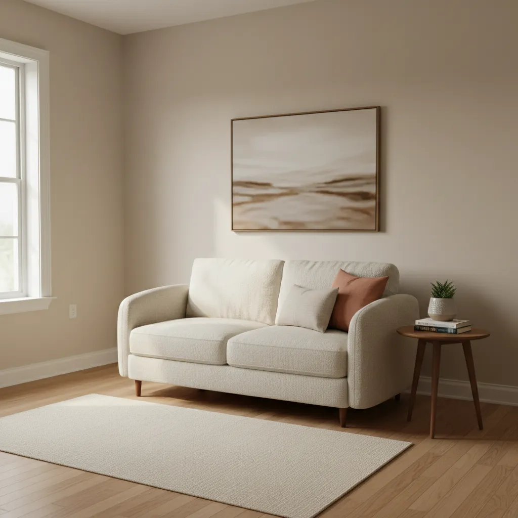 small living room painted with light warm neutral colour to feel cozy and bright