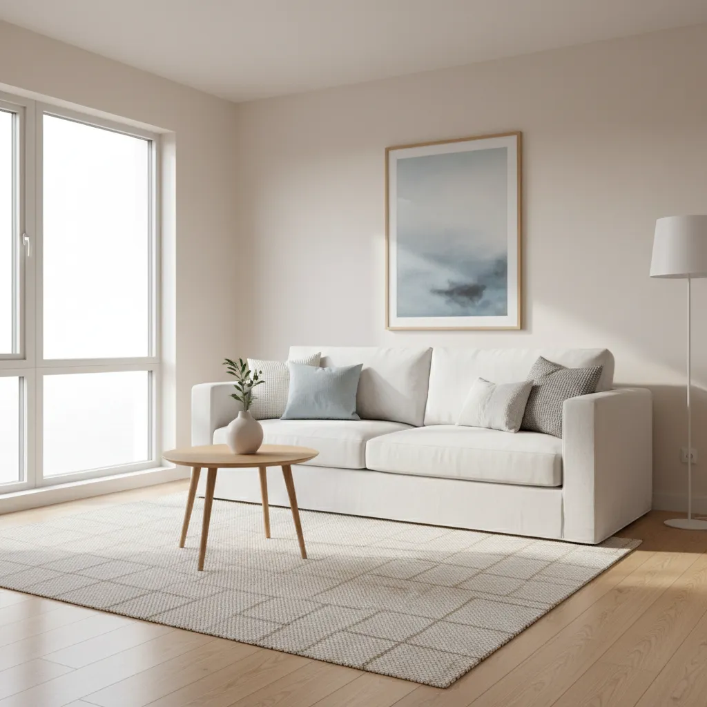 Compact living room with white sofa and soft neutral wall colors creating bright open atmosphere