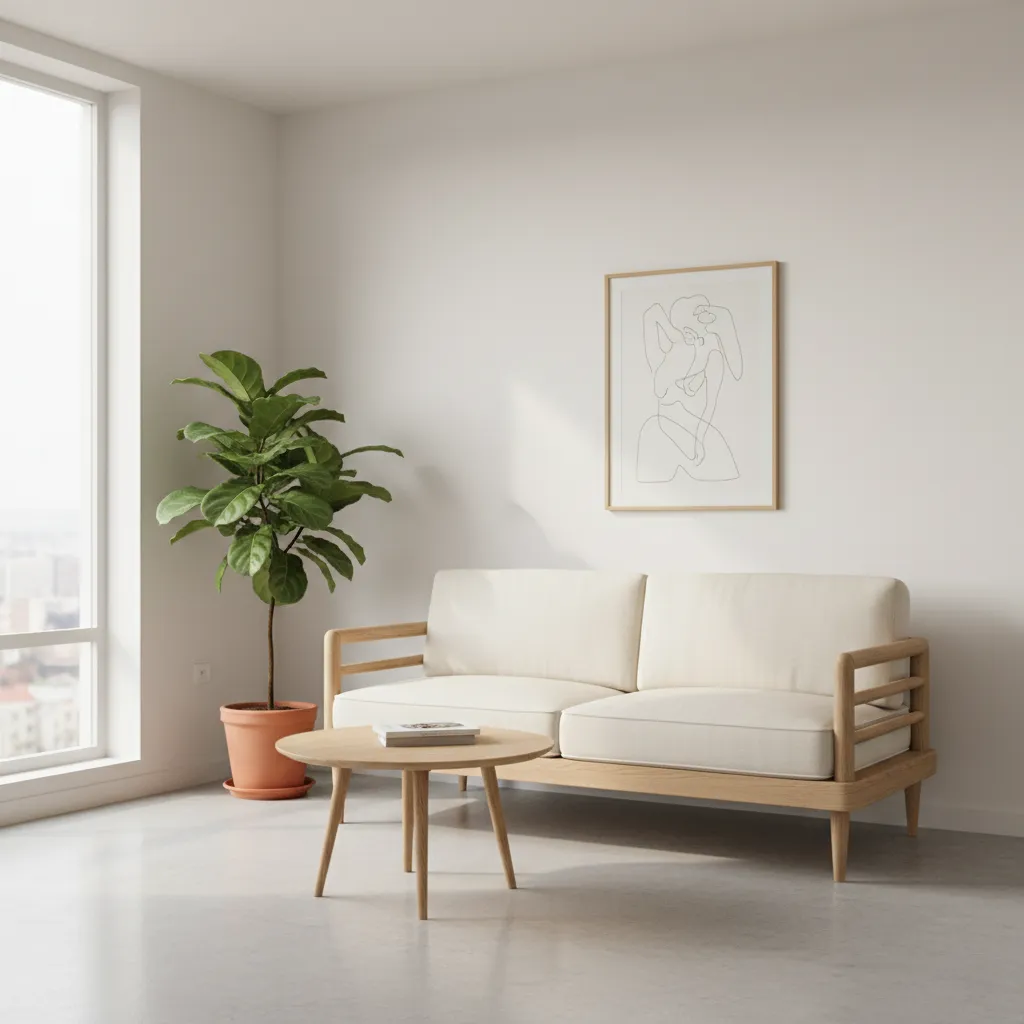 Bright modern interior with light wood sofa round coffee table green plant and line art