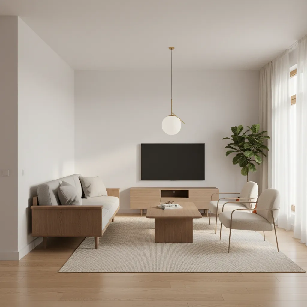 Well planned small living room layout featuring wooden sofa and open circulation space