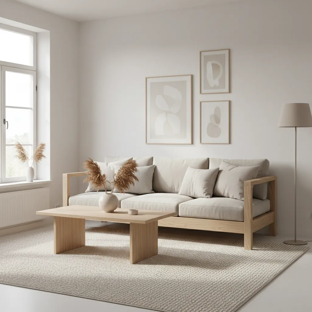 small living room with minimalist wooden sofa and light decor