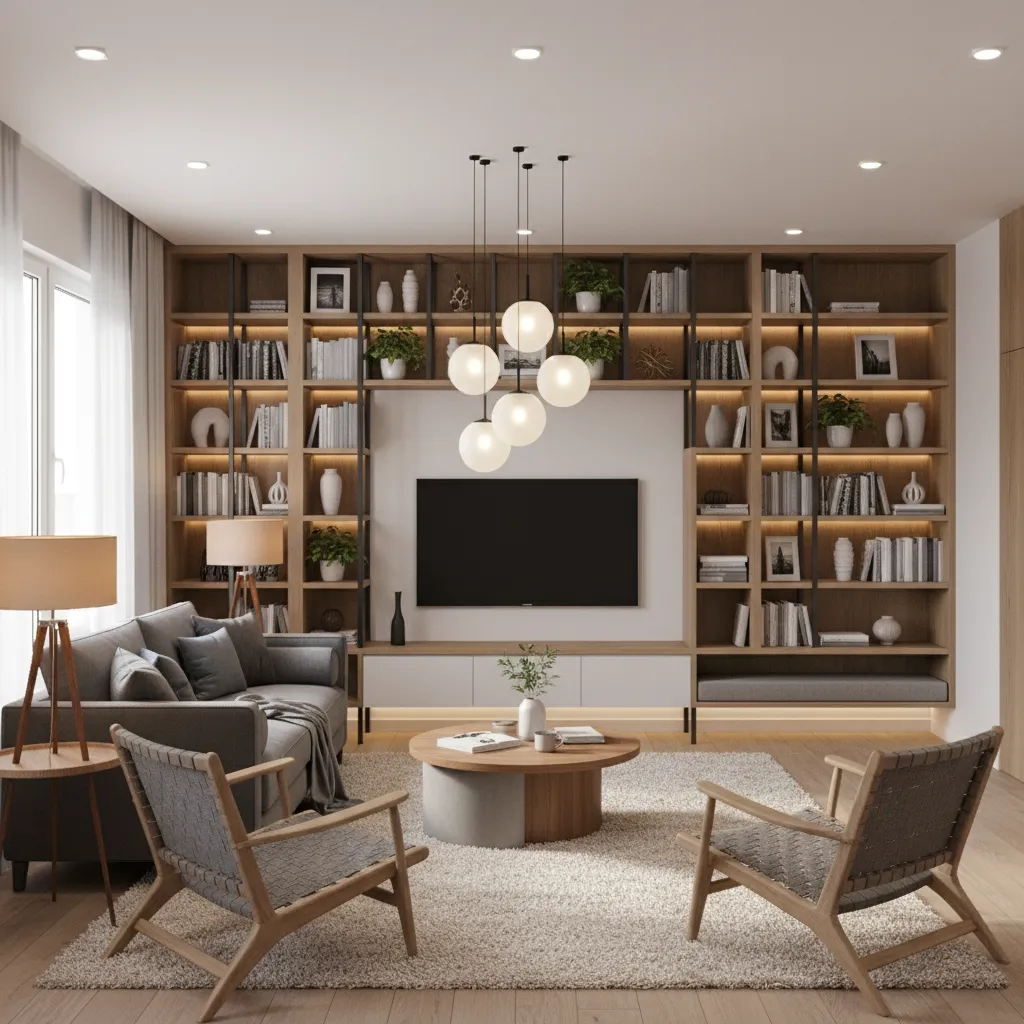 Living room with large wooden bookshelf, grey sofa, wooden chairs, and round white ceiling lights