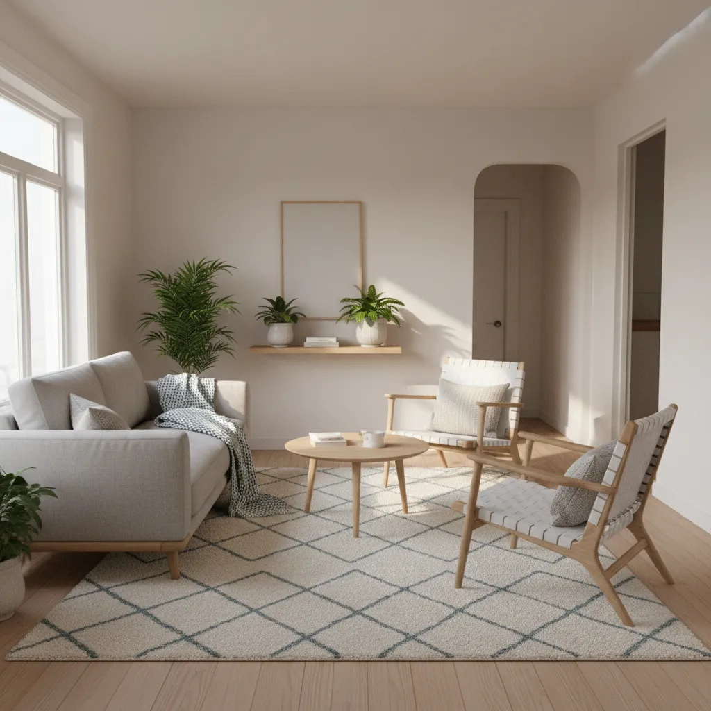 Rug defining seating zone in a pass through living room