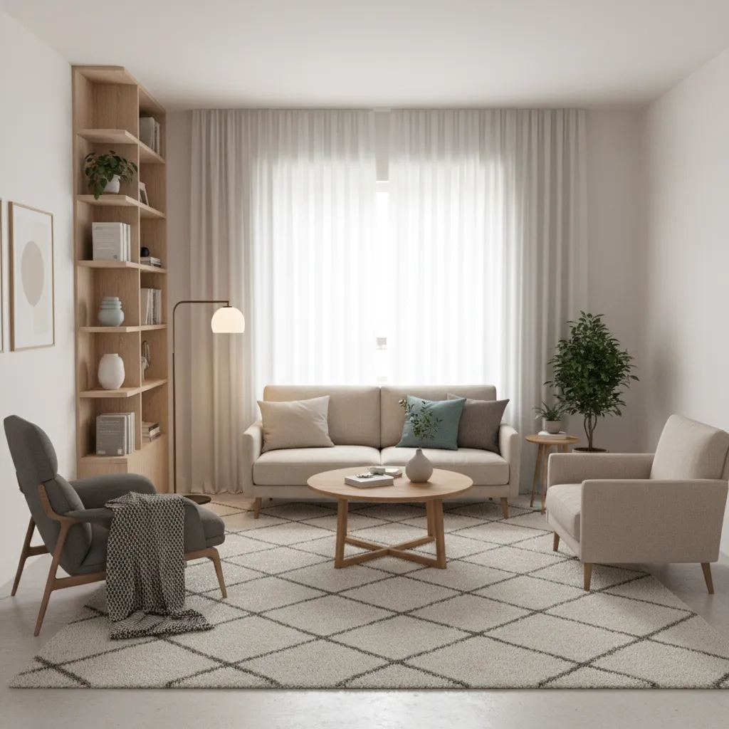 Small living room zoning using rug, chair and floor lamp