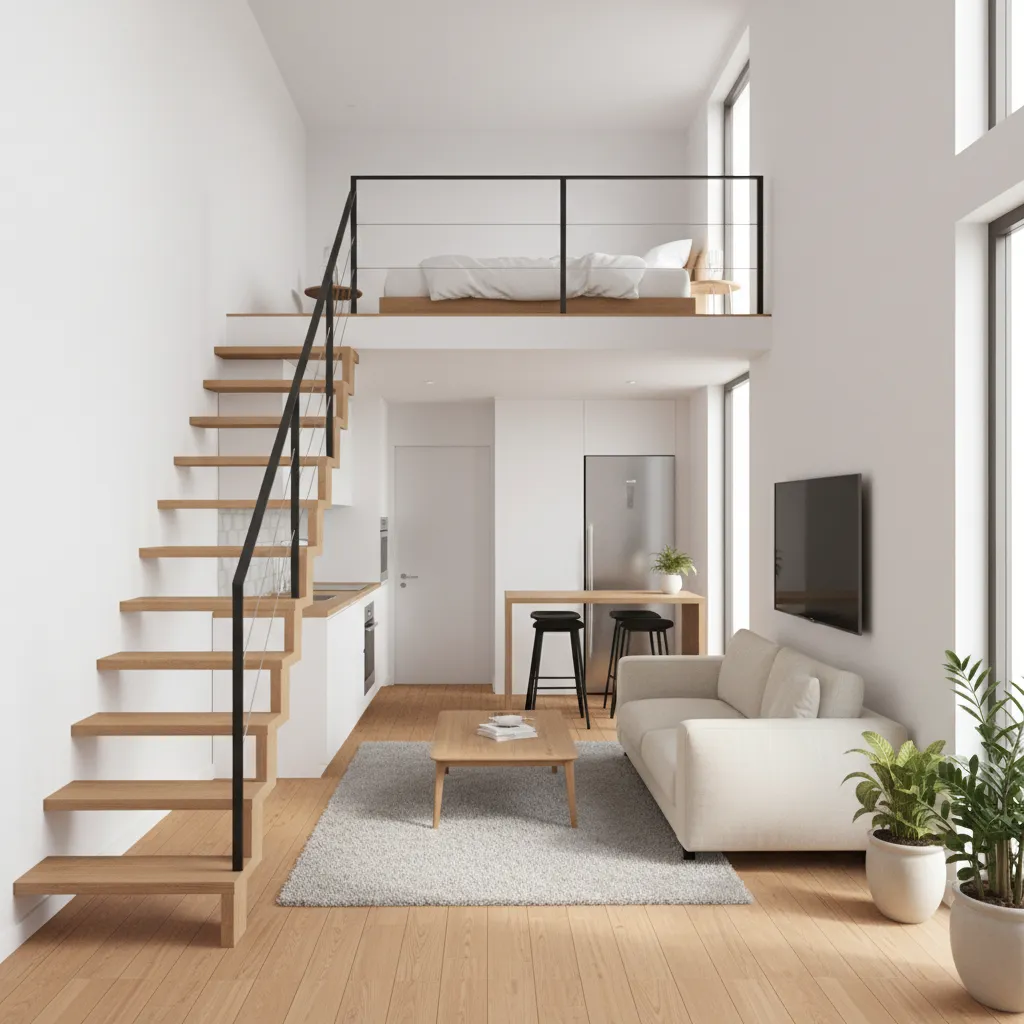 small loft apartment with mezzanine bedroom and compact living space