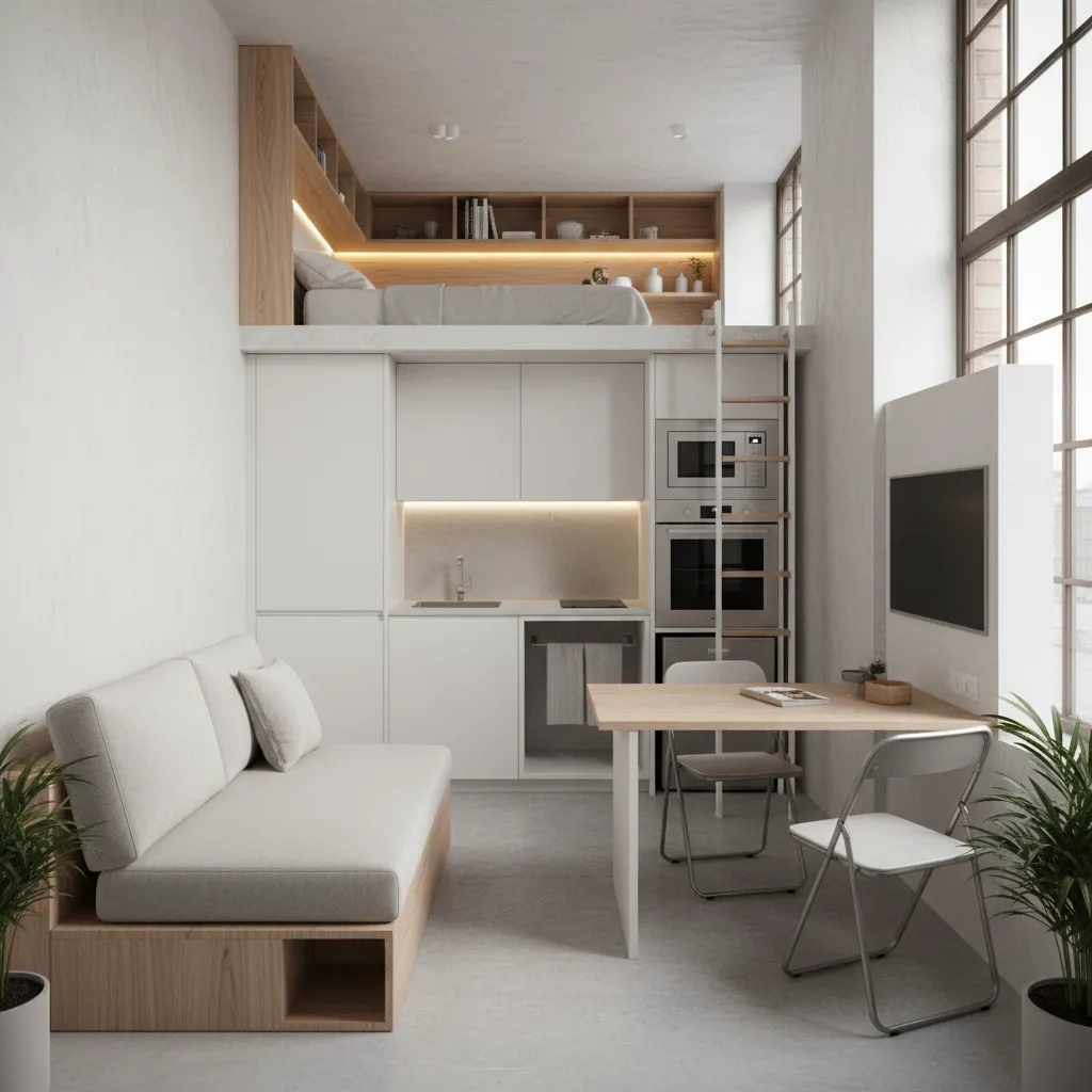 Pequeño loft con distribución inteligente y muebles multifuncionales