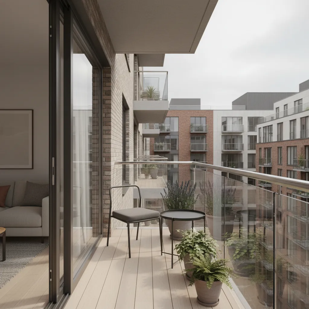 compact london apartment balcony with seating and plants